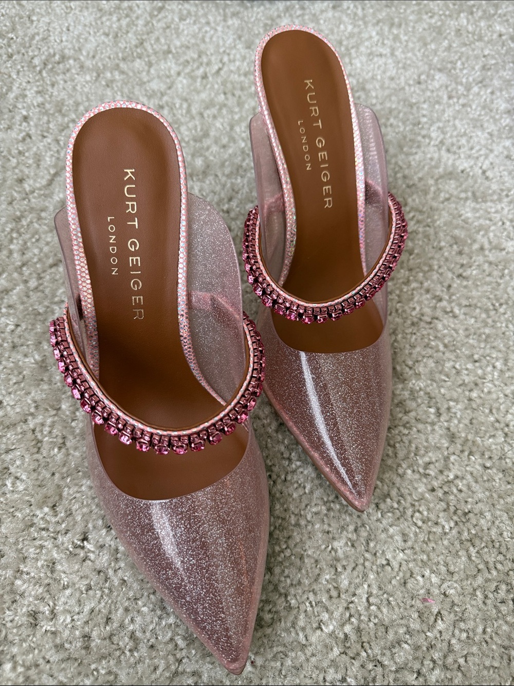 Kurt Geiger Sparkling Pink Pointed Mule with Jeweled Strap